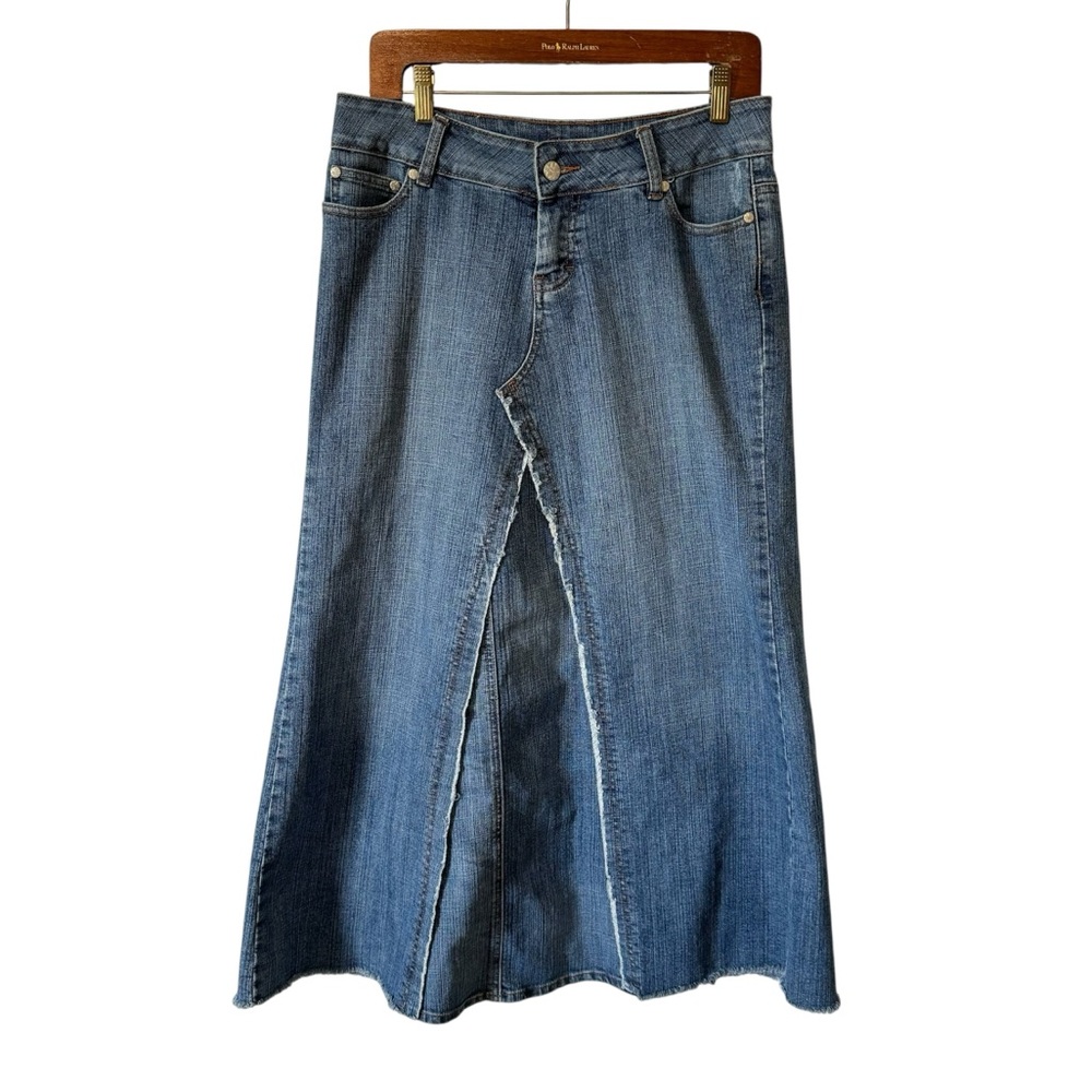 Vintage Y2K Denim Maxi Skirt Younique Western Distressed Jean Low Rise Juniors 7